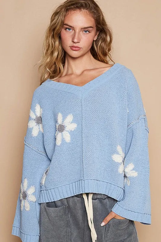 POL V-neck floral pattern chenille pullover sweater - Olive, Pale Almond, Baby Blue and Charcoal