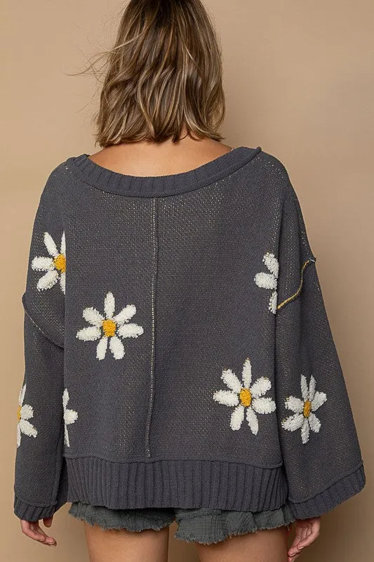 POL V-neck floral pattern chenille pullover sweater - Olive, Pale Almond, Baby Blue and Charcoal