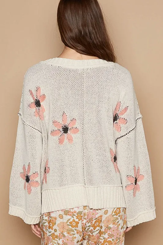 POL V-neck floral pattern chenille pullover sweater - Olive, Pale Almond, Baby Blue and Charcoal