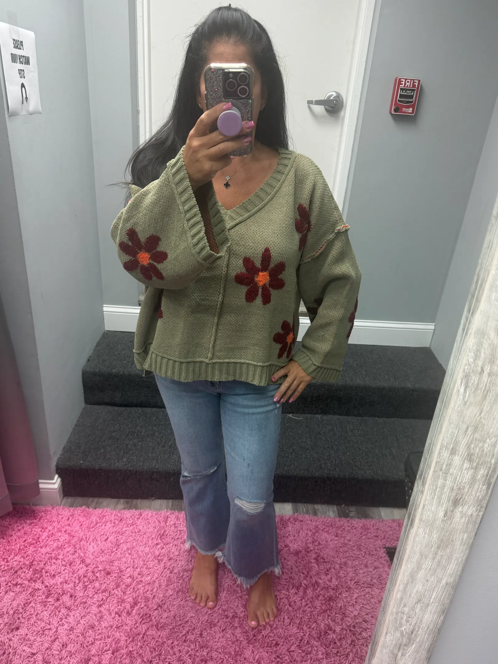 POL V-neck floral pattern chenille pullover sweater - Olive, Pale Almond, Baby Blue and Charcoal