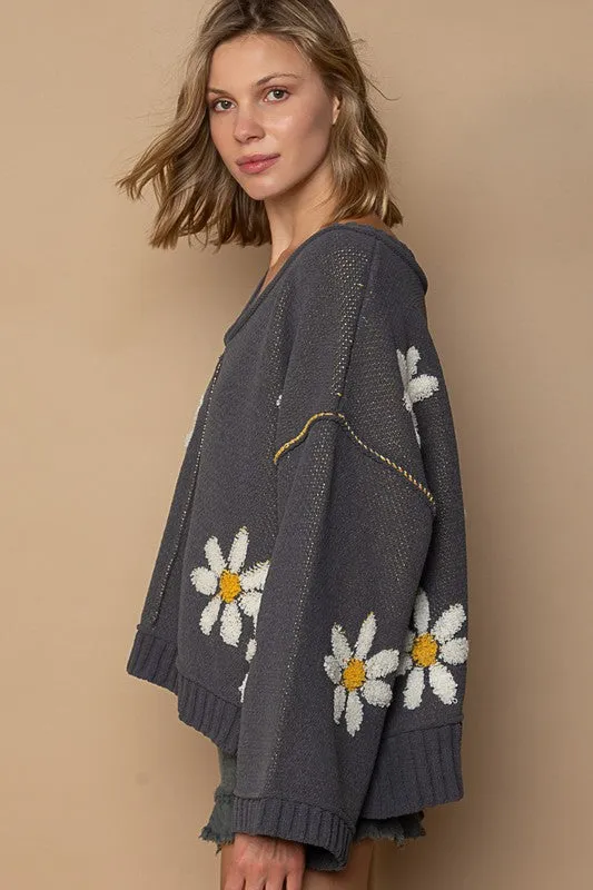 POL V-neck floral pattern chenille pullover sweater - Olive, Pale Almond, Baby Blue and Charcoal