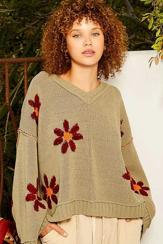 POL V-neck floral pattern chenille pullover sweater - Olive, Pale Almond, Baby Blue and Charcoal