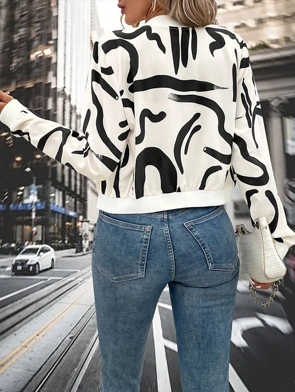 Printed Zipper Long Sleeves Loose Outerwear Jackets