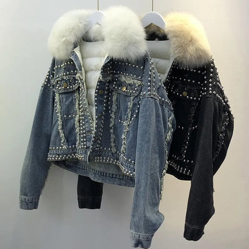 Real Fox Fur Fur 2020 New Hand Studded Rivet Denim Jacket