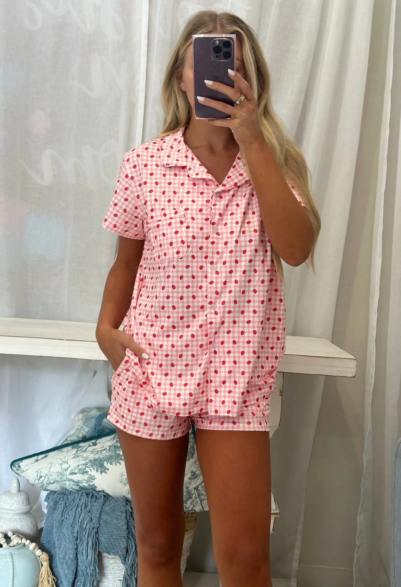 Strawberry Pajama Short Sleeve Top-Pink//DOORBUSTER