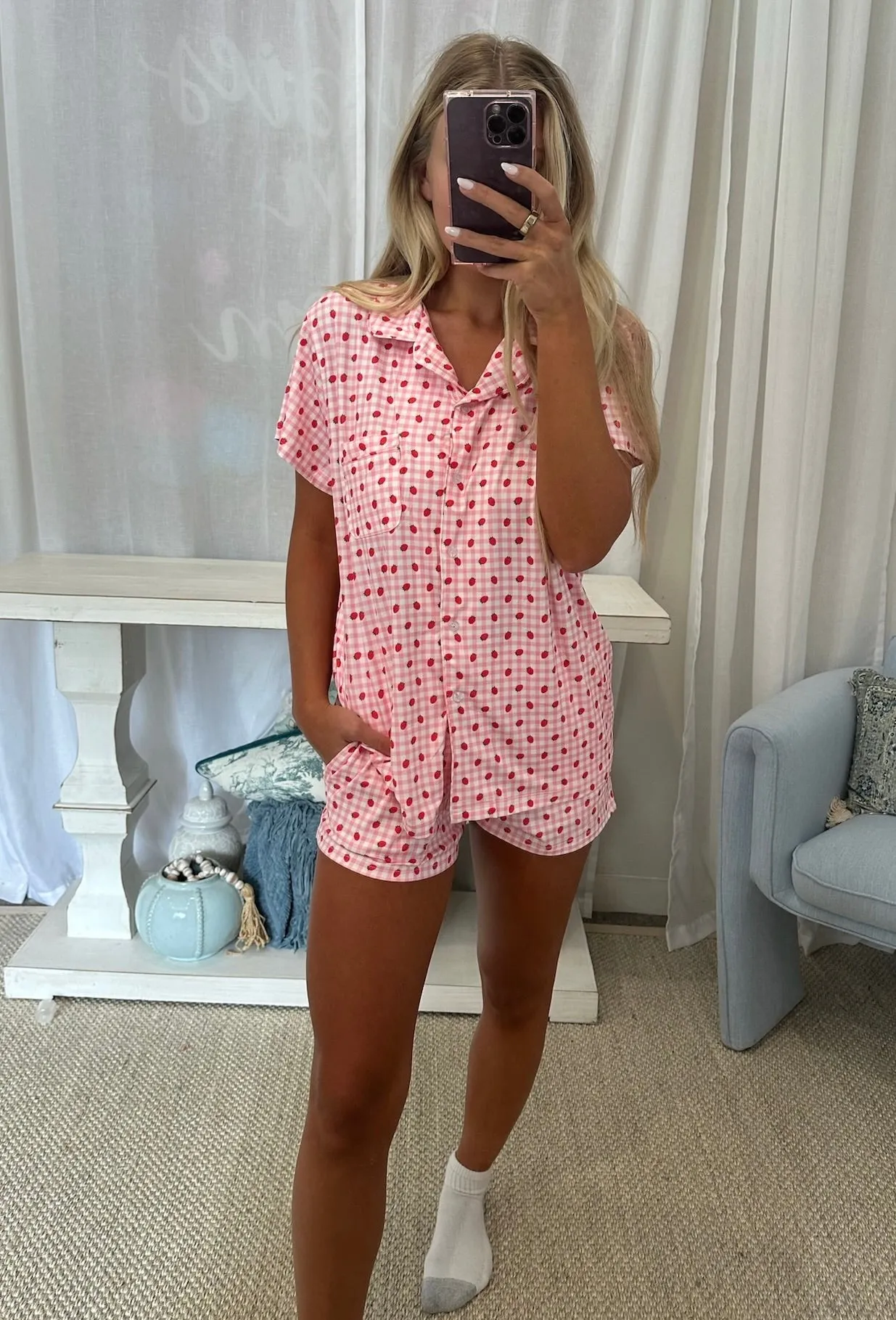 Strawberry Pajama Short Sleeve Top-Pink//DOORBUSTER