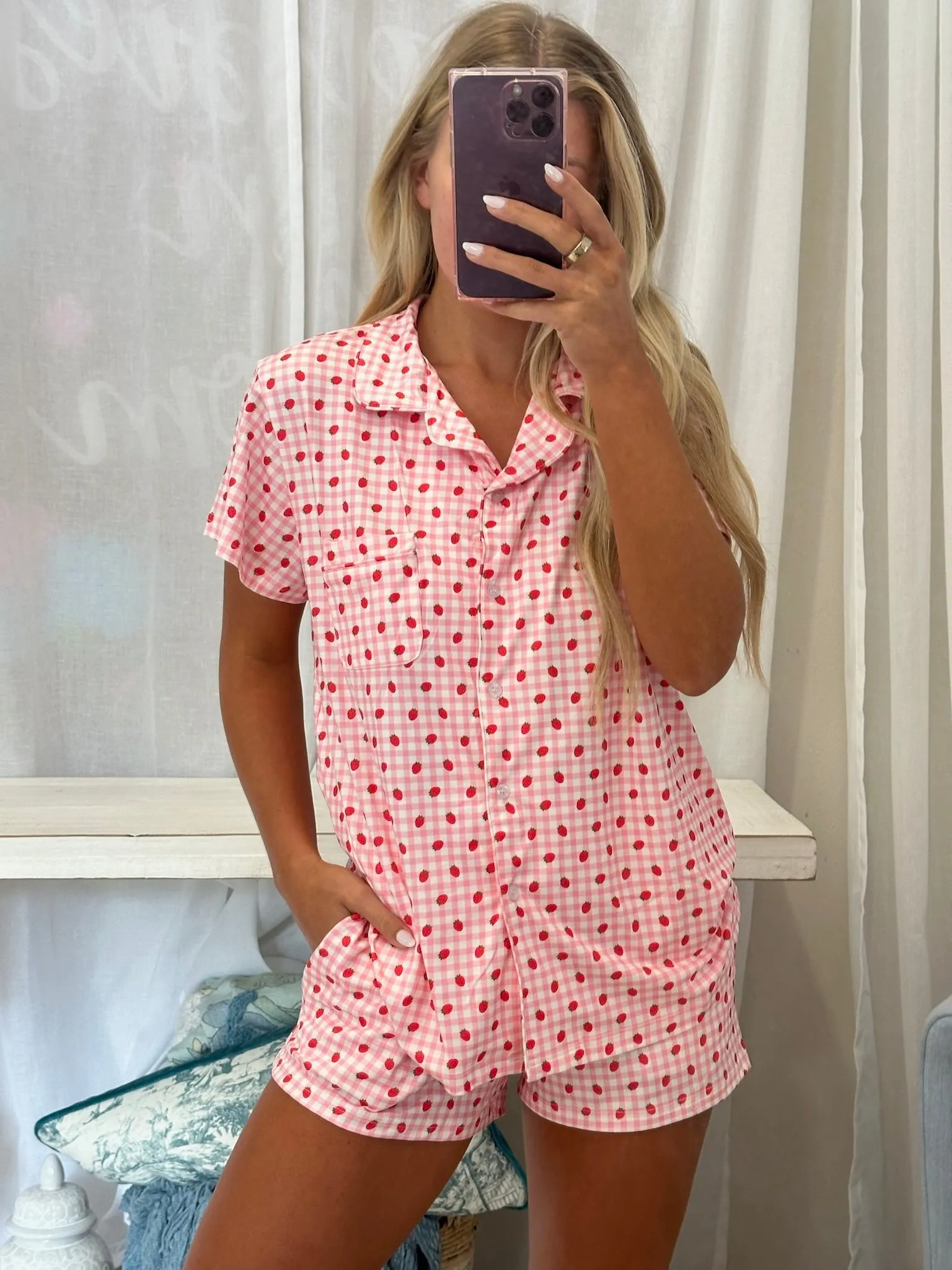 Strawberry Pajama Short Sleeve Top-Pink//DOORBUSTER