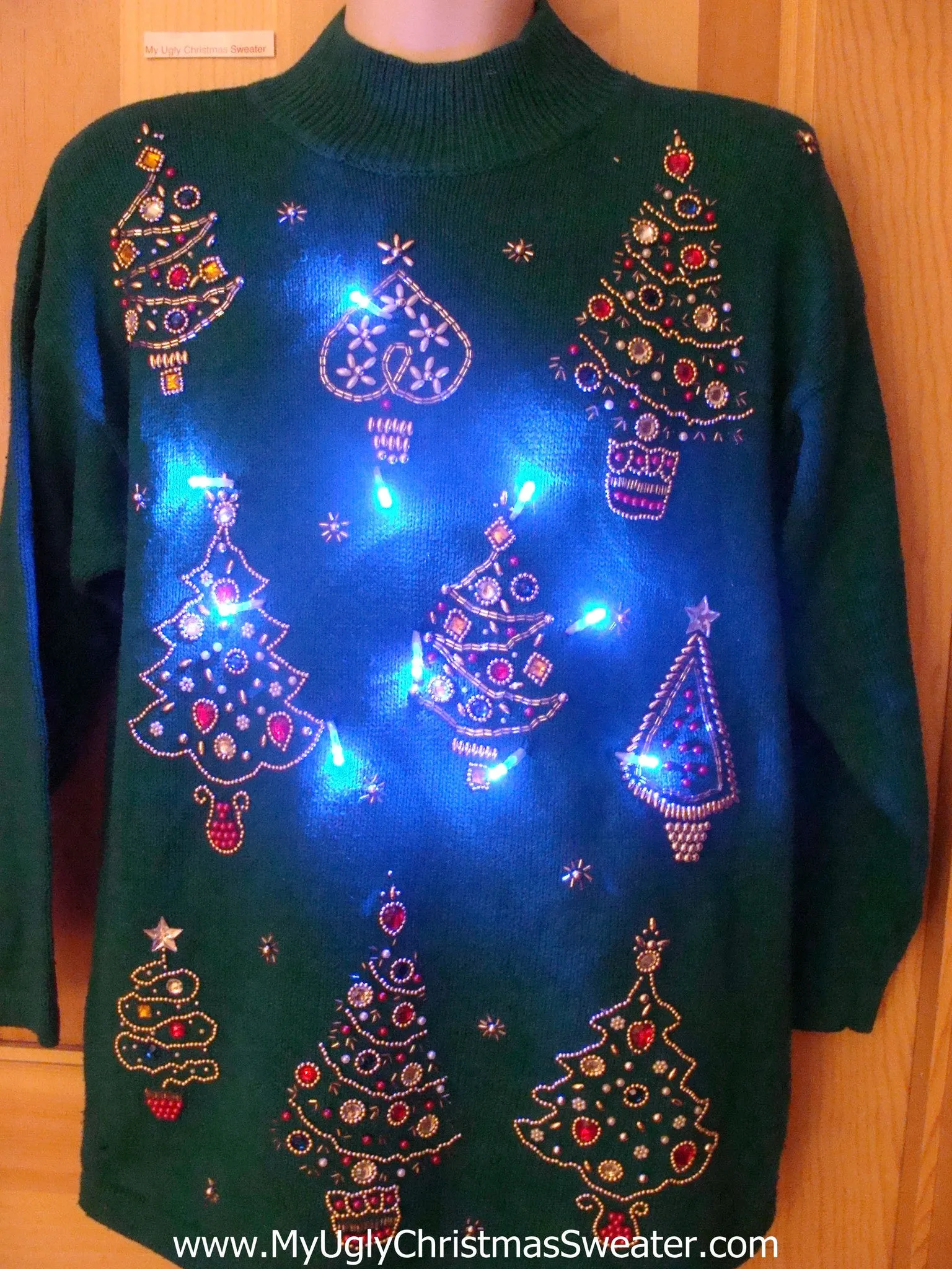 Tacky Green 80s Light Up Christmas Sweater Bling Trees Padded Shoulders