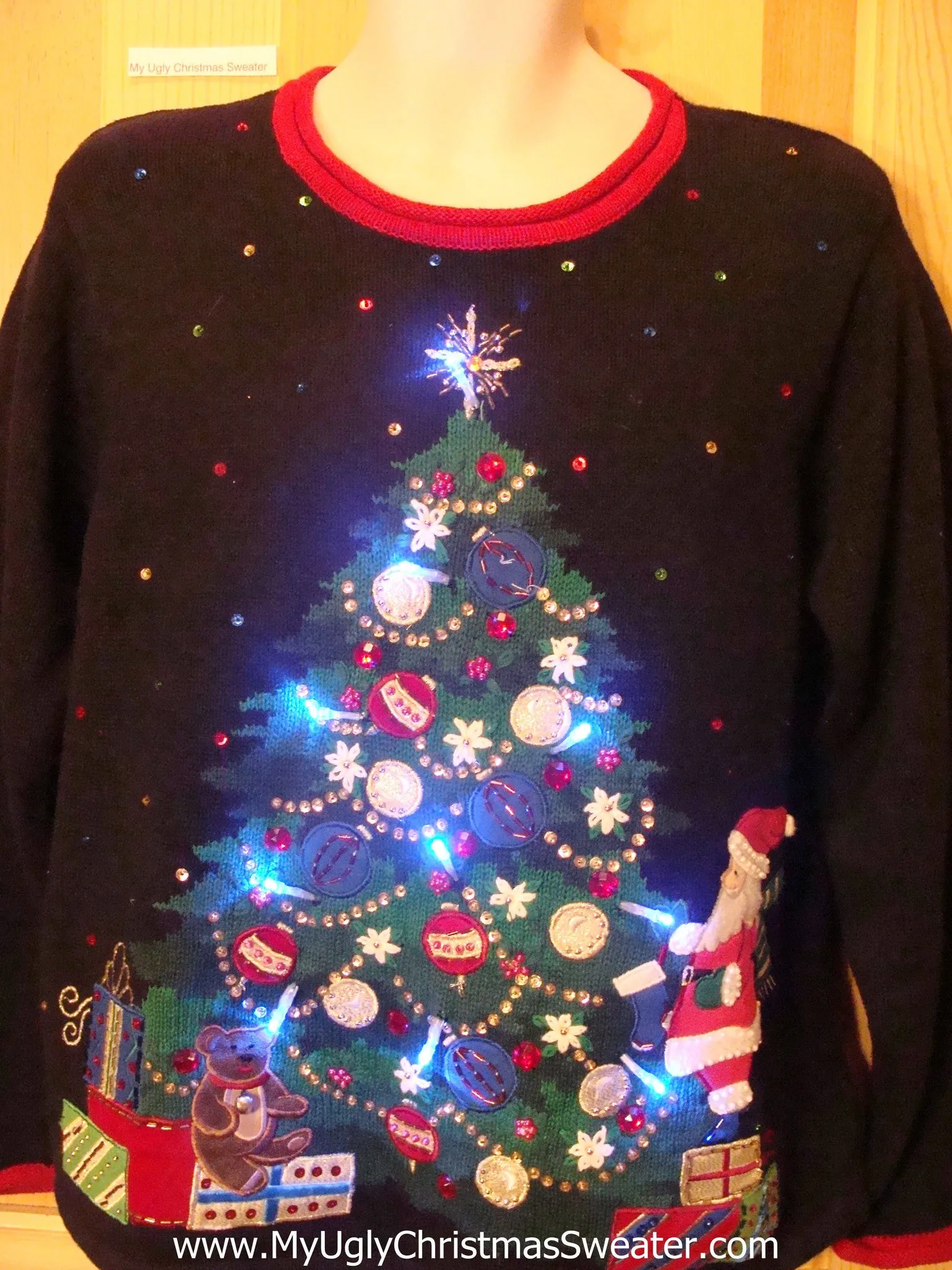 Tacky Light Up Christmas Sweater Pullover Huge Festive Tree with Bling