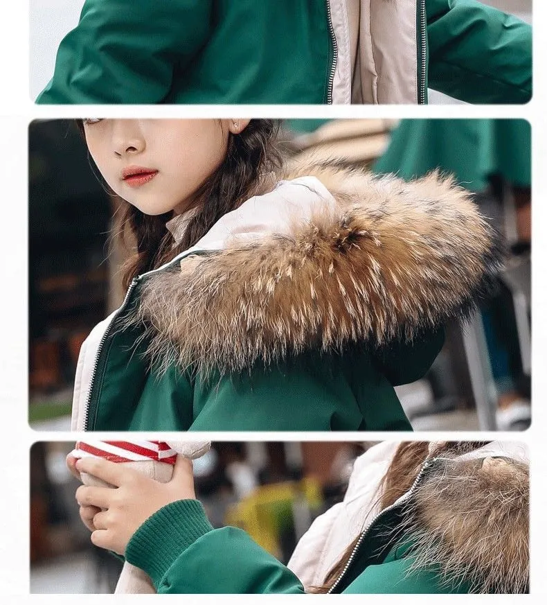 Teen Young Girls Warm Coat Winter Parkas Outerwear Kids Fur Hooded Jacket