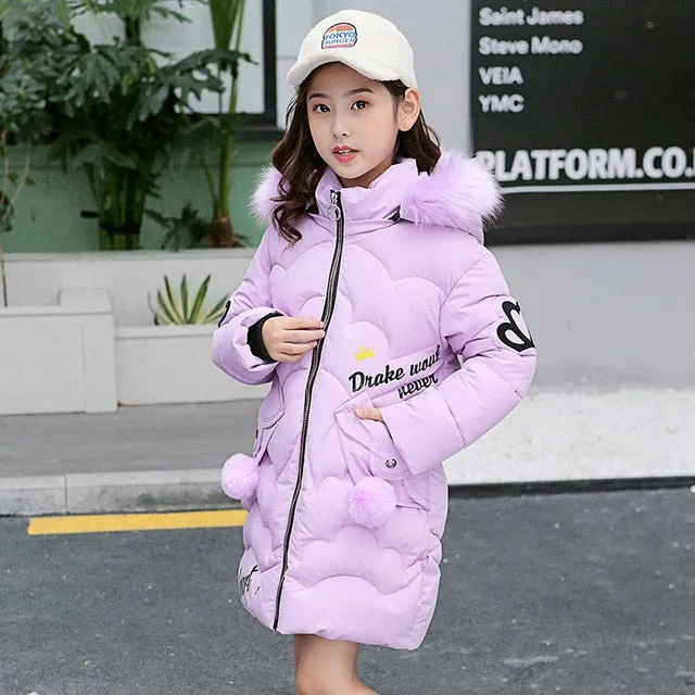 Teen Young Girls Warm Coat Winter Parkas Outerwear Kids Fur Hooded Jacket