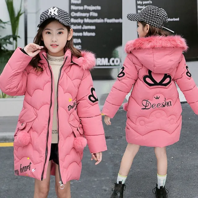 Teen Young Girls Warm Coat Winter Parkas Outerwear Kids Fur Hooded Jacket