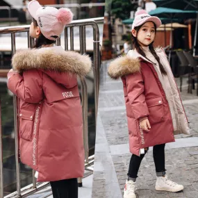 Teen Young Girls Warm Coat Winter Parkas Outerwear Kids Fur Hooded Jacket