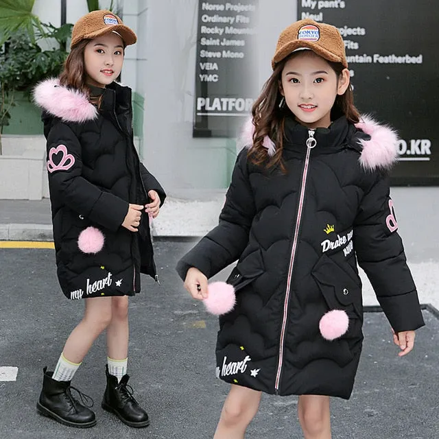 Teen Young Girls Warm Coat Winter Parkas Outerwear Kids Fur Hooded Jacket