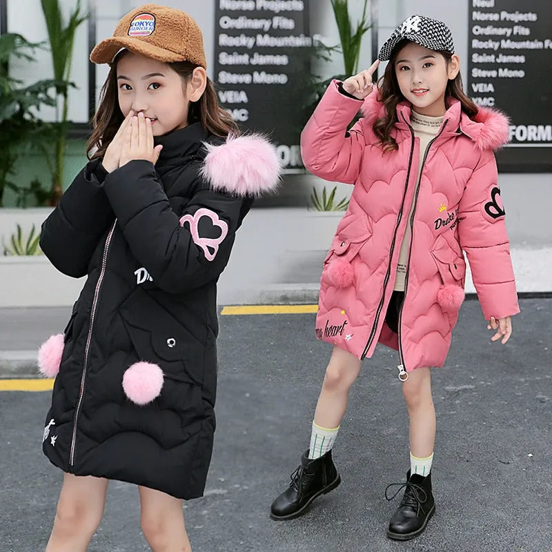 Teen Young Girls Warm Coat Winter Parkas Outerwear Kids Fur Hooded Jacket