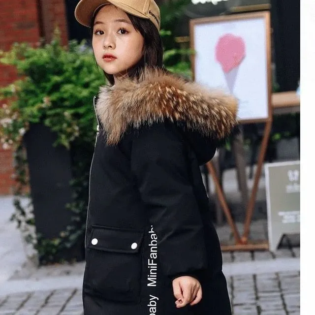 Teen Young Girls Warm Coat Winter Parkas Outerwear Kids Fur Hooded Jacket