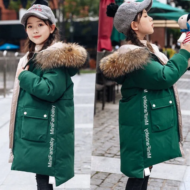 Teen Young Girls Warm Coat Winter Parkas Outerwear Kids Fur Hooded Jacket