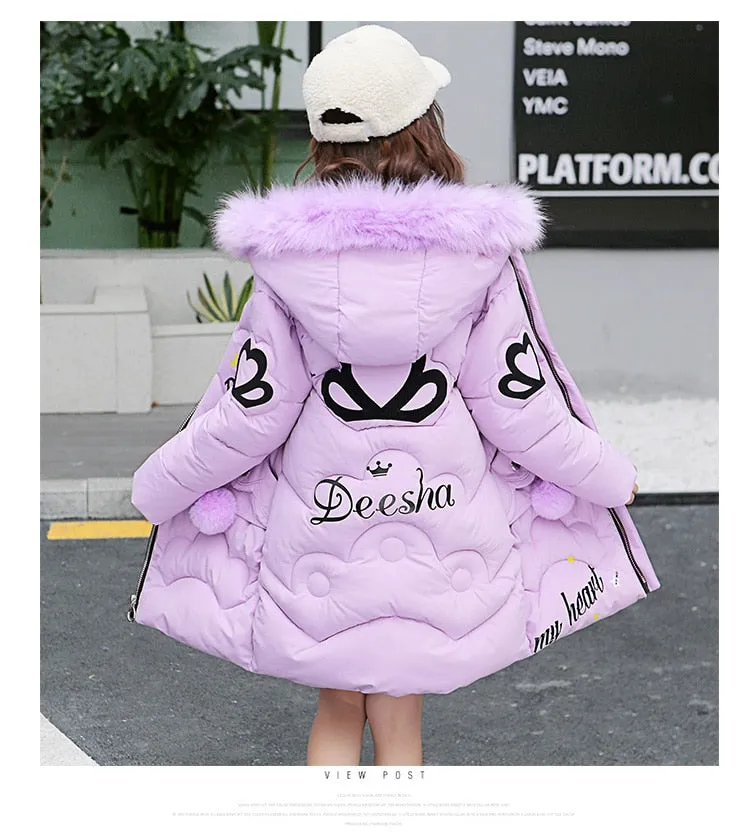 Teen Young Girls Warm Coat Winter Parkas Outerwear Kids Fur Hooded Jacket