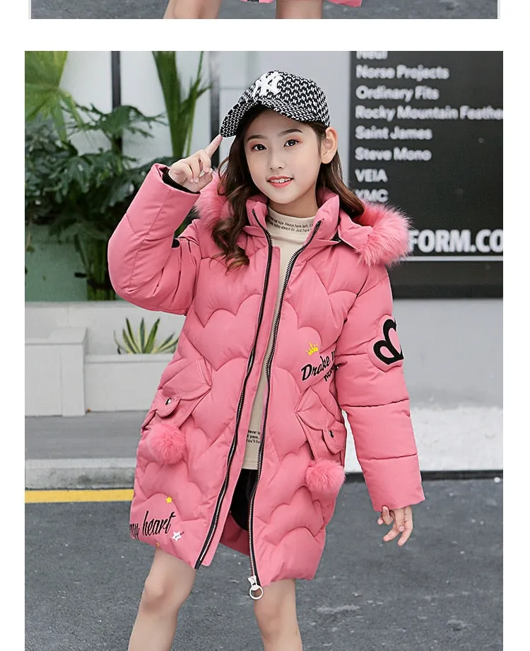 Teen Young Girls Warm Coat Winter Parkas Outerwear Kids Fur Hooded Jacket