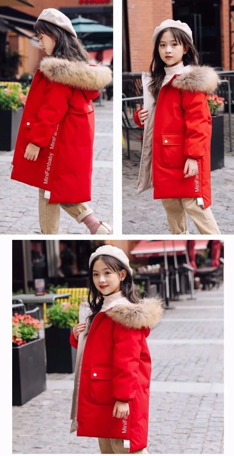 Teen Young Girls Warm Coat Winter Parkas Outerwear Kids Fur Hooded Jacket