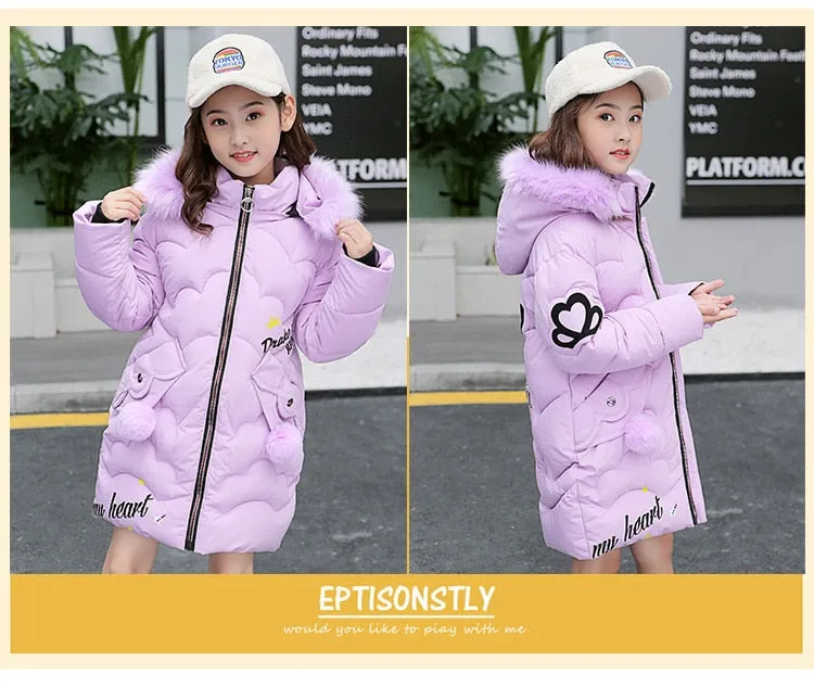 Teen Young Girls Warm Coat Winter Parkas Outerwear Kids Fur Hooded Jacket