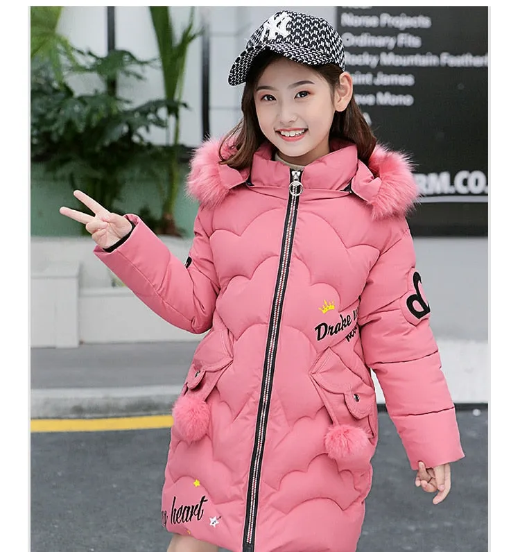 Teen Young Girls Warm Coat Winter Parkas Outerwear Kids Fur Hooded Jacket