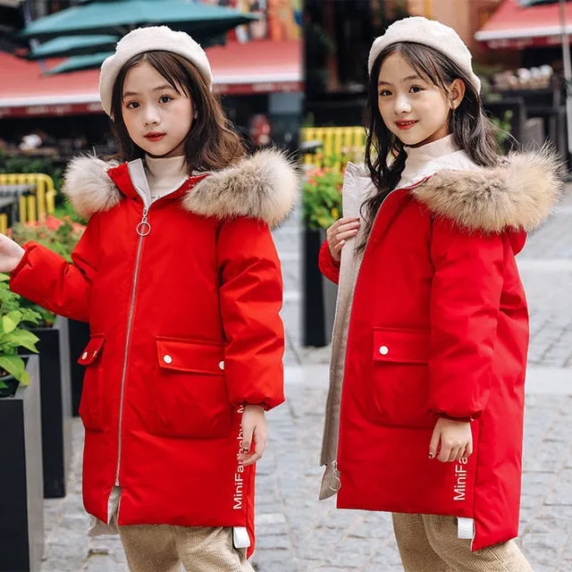 Teen Young Girls Warm Coat Winter Parkas Outerwear Kids Fur Hooded Jacket