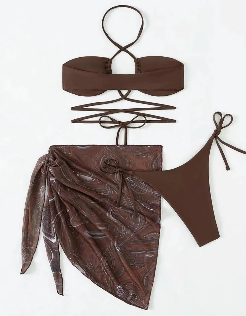 Three-piece  Halter Drawstring Belted Bikinis Swimwear