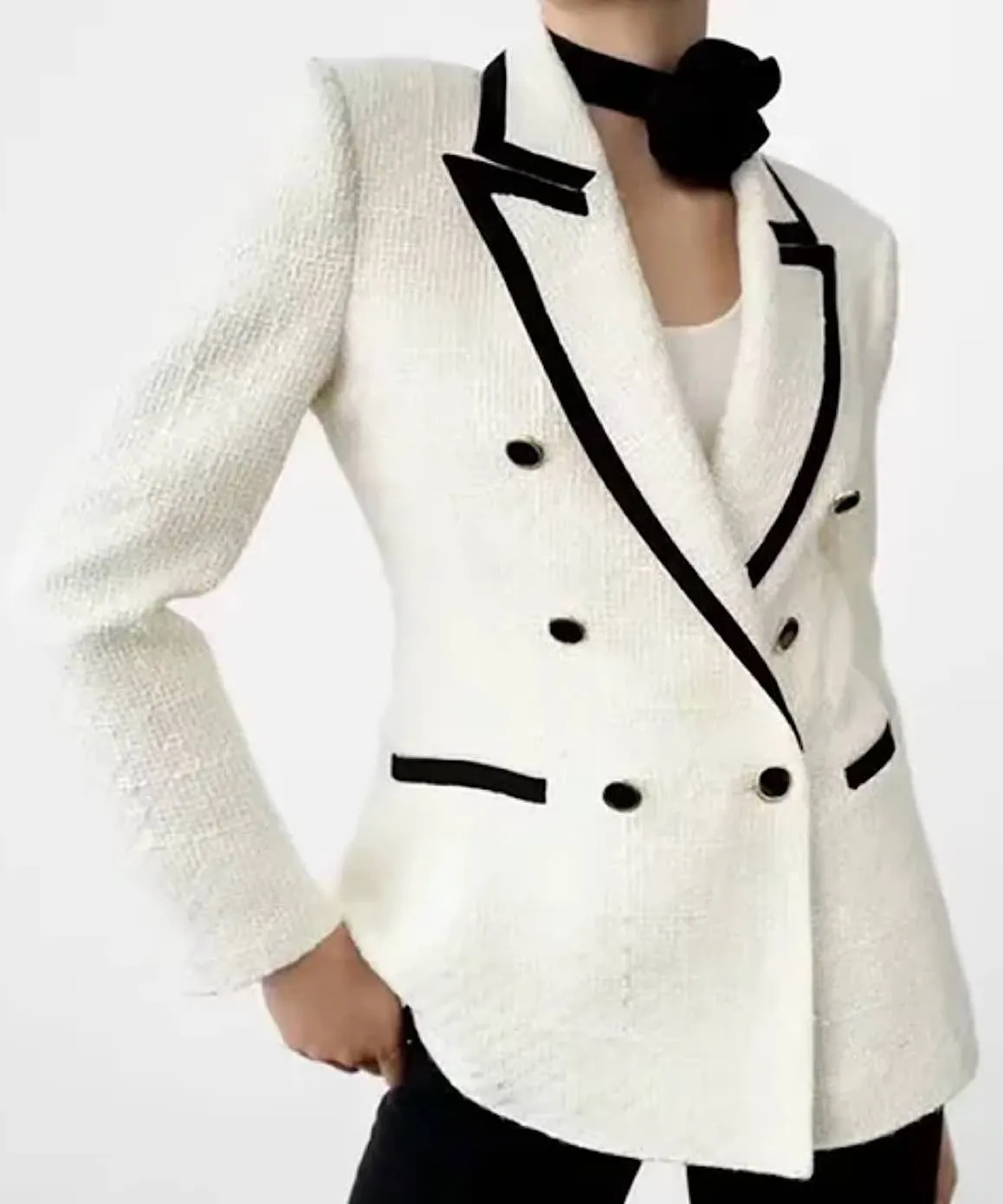 Tweed Long Lapel Knitted Blazer with Contrast Edges