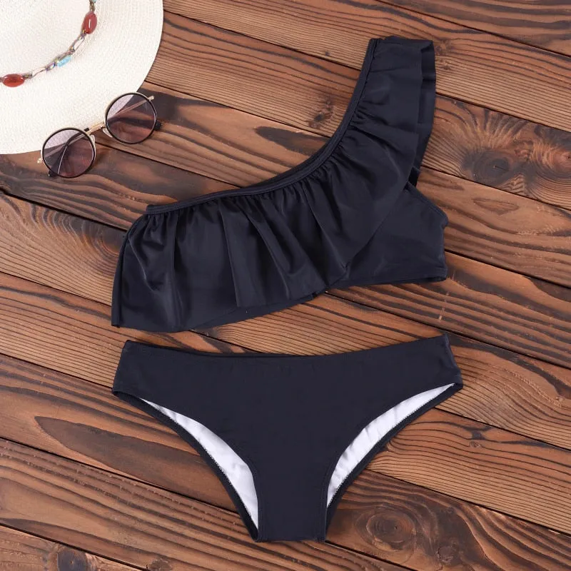 VenusFox Bikini Set 2021 One Shoulder Swimsuit Ruffle Swimwear Women Sexy Bikinis Biquini maillot de bain femme Beachwear