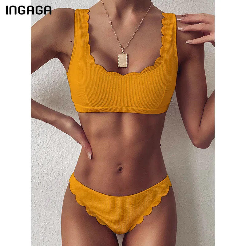 VenusFox Push Up Bikinis Sexy Swimwear Women's Swimsuits 2021 Ribbed Biquini Scalloped Bikini Set Summer Beach Solid Bathing Suits