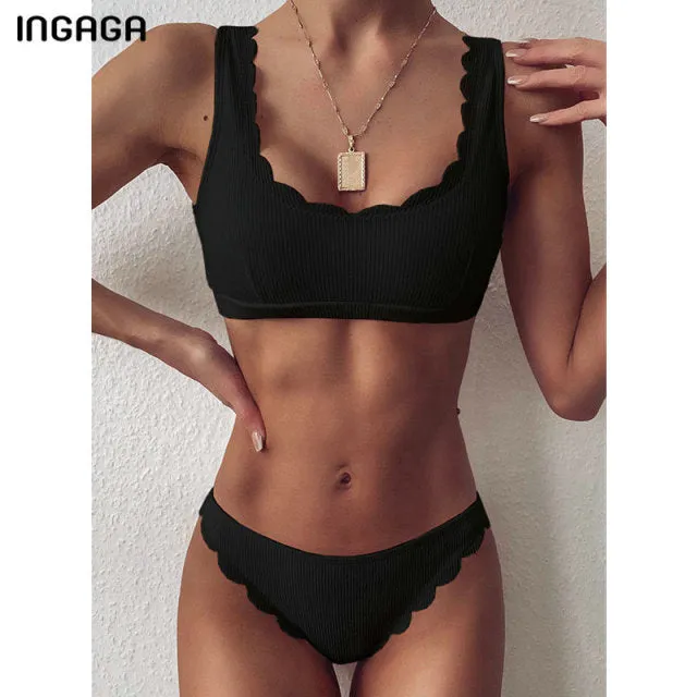 VenusFox Push Up Bikinis Sexy Swimwear Women's Swimsuits 2021 Ribbed Biquini Scalloped Bikini Set Summer Beach Solid Bathing Suits