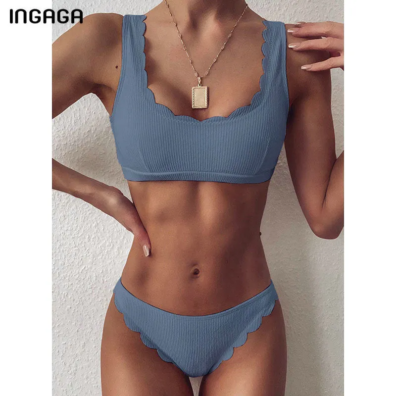 VenusFox Push Up Bikinis Sexy Swimwear Women's Swimsuits 2021 Ribbed Biquini Scalloped Bikini Set Summer Beach Solid Bathing Suits