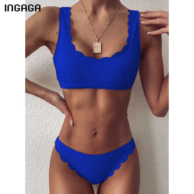 VenusFox Push Up Bikinis Sexy Swimwear Women's Swimsuits 2021 Ribbed Biquini Scalloped Bikini Set Summer Beach Solid Bathing Suits