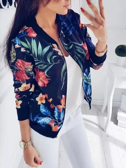 VenusFox Retro Floral Casual Zipper-Up Bomber Long Sleeve Jacket Coats