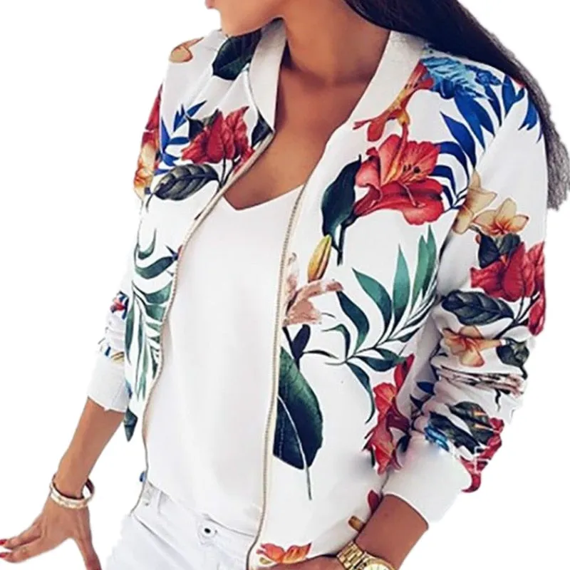 VenusFox Retro Floral Casual Zipper-Up Bomber Long Sleeve Jacket Coats