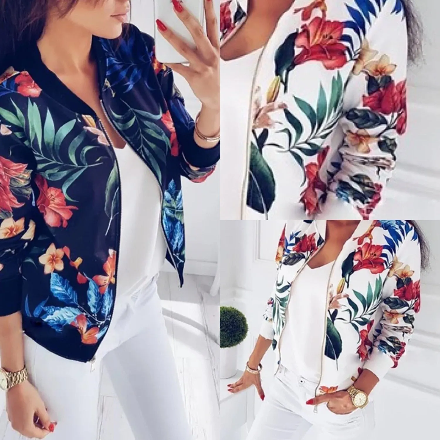 VenusFox Retro Floral Casual Zipper-Up Bomber Long Sleeve Jacket Coats