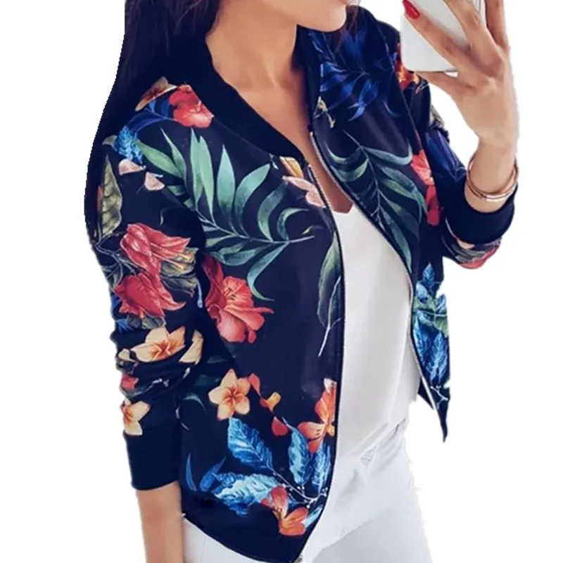 VenusFox Retro Floral Casual Zipper-Up Bomber Long Sleeve Jacket Coats