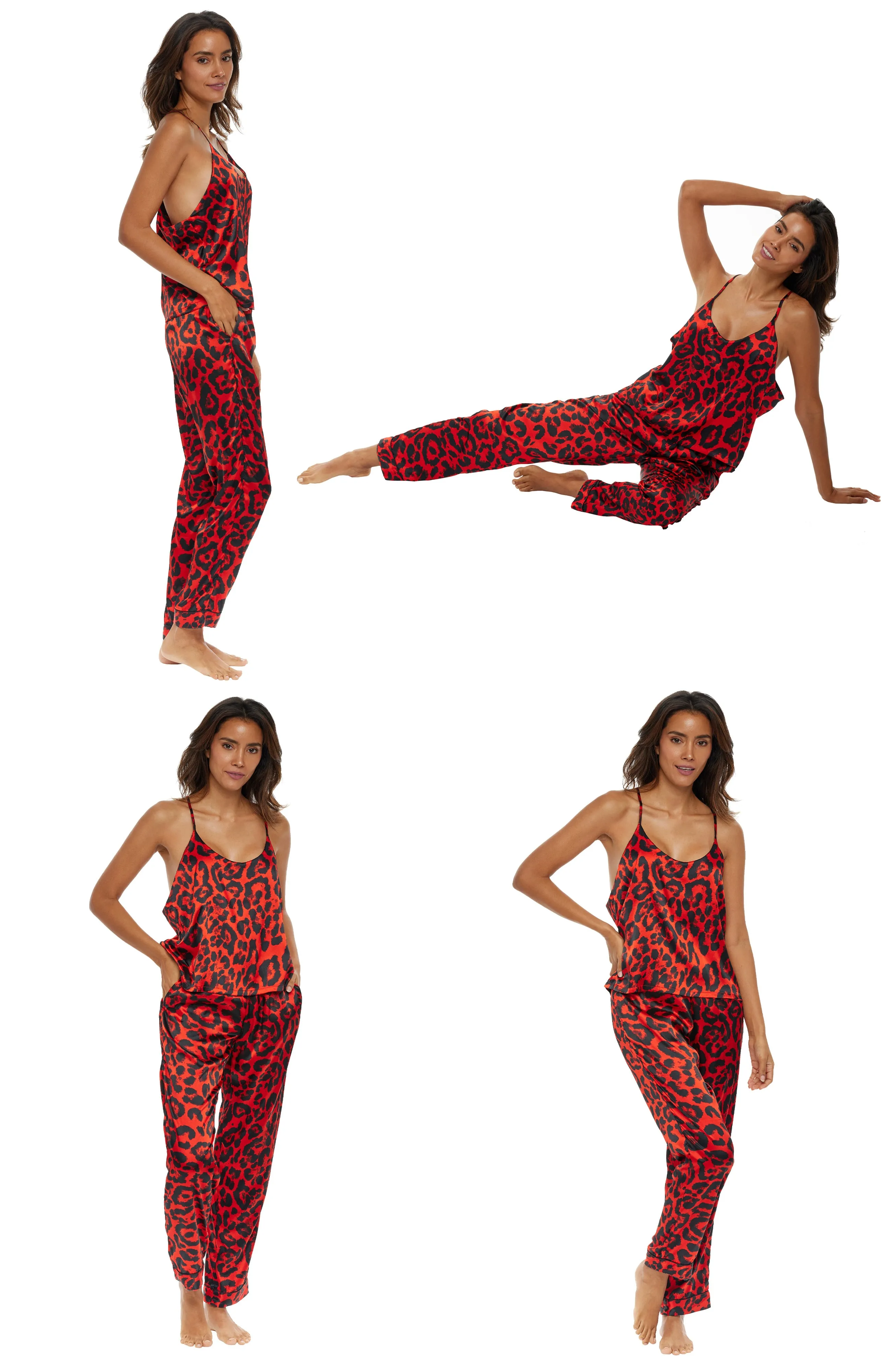 Women's Leopard Print Cami Top & Pants, Pajamas with Pockets, Spaghetti Straps