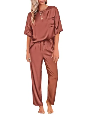 Womens Silk Satin Pajama Set Short Sleeve Shirt with Long Pajama Pant Set Two-Piece Pj Sets Soft Sleepwear Loungewear Nightwear Button-Down Pjs S-2XL, Champagne, L